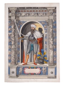 1603 HAND-COLORED ENGRAVING, GIAN GIACOMO DE MEDICI, DUKE OF MARIGNANO, ARMAMENTARIUM HEROICUM