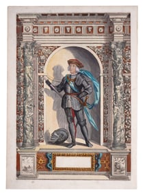 1603 HAND-COLORED ENGRAVING, ROBERTO SANSEVERINO D'ARAGONA, COUNT OF CAIAZZO, ARMAMENTARIUM HEROICUM
