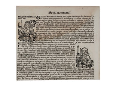 A C. 1493 NUREMBURG CHRONICLE WOODCUT PRINT, RENAISSANCE BIOGRAPHICAL ILLUSTRATIONS, HALF-PAGE