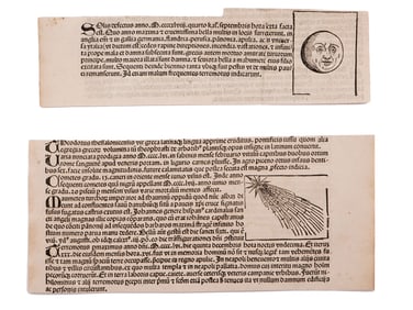 A 1493 PAIR OF WOODCUT ENGRAVINGS, ECLIPSE AND HALLEY'S COMET OMENS, NUREMBERG CHRONICLE, CLIPPED