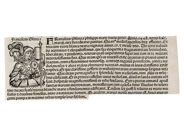 A C. 1493 NUREMBURG CHRONICLE WOODCUT PRINT, FRANCESCO SFORZA, BIOGRAPHICAL ILLUSTRATION, CLIPPED