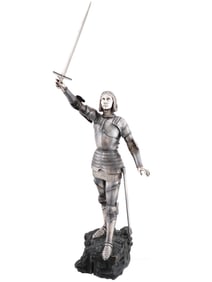 A G. POITEVIN, FRENCH, 19 C. SILVERED-BRONZE FIGURE OF JOAN OF ARC