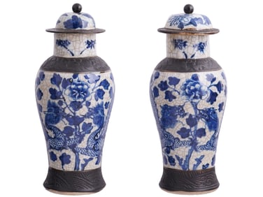A PAIR OF LIDDED CHINESE CRACKLEWARE VASES, 19TH CEN.