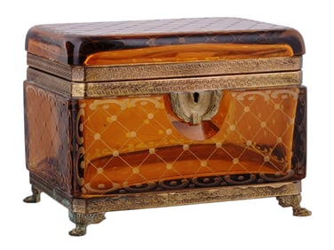 AN AMBER GLASS BRONZE-MOUNTED FRENCH LIDDED CASKET, 19TH CEN.