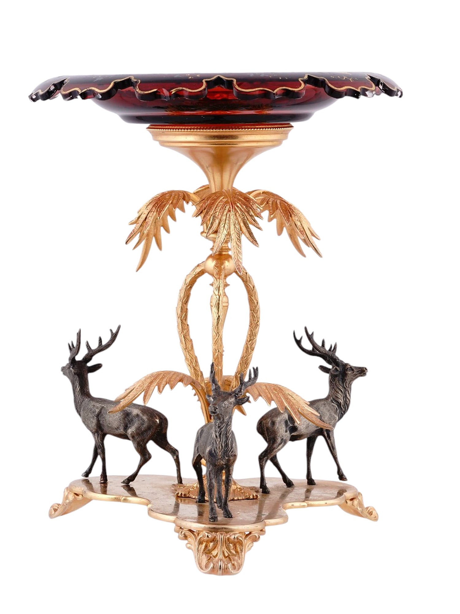 A FRENCH GILT BRONZE AND RUBY GLASS CENTERPIECE WITH SILVER DEER, 19TH CENTURY (1 of 6)
