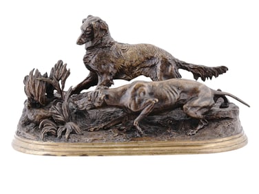 A SIGNED P. J. MÊNE (1810-1879) FRENCH BRONZE GROUPING, HUNTING DOGS, 19TH CENTURY