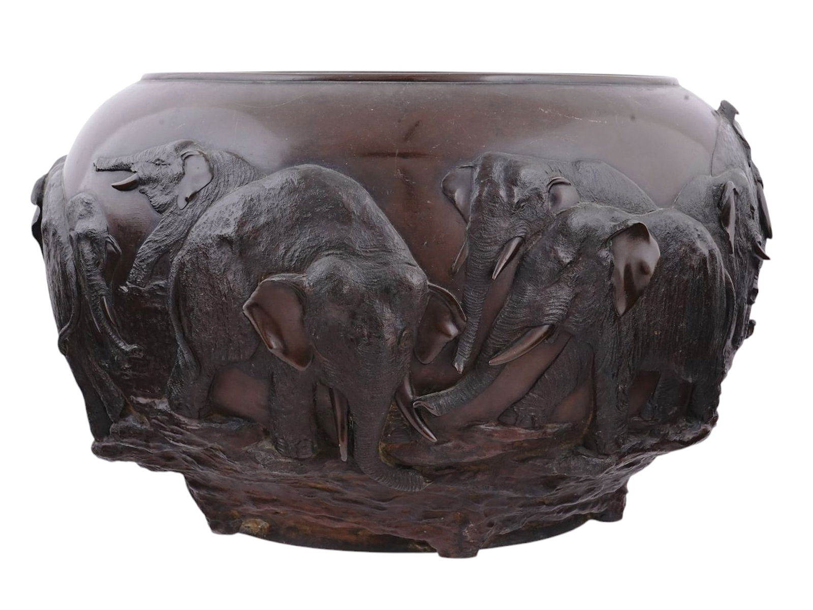 A JAPANESE MEIJI PERIOD PATINATED BRONZE PLANTER WITH ELEPHANTS BY GENRYUSAI SEIYA (1 of 6)