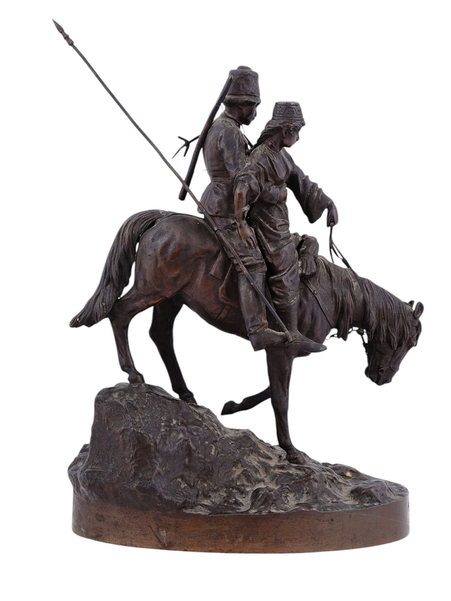 A BRONZE GROUPING BY VASILY GRACHEV, RUSSIAN, "COSSACKS ON HORSEBACK", CA. 1900: A mounted bronze grouping by Vasily Grachev titled "Cosacks on horseback". Cast by the Albert Moritz Wolff foundry. Dimensions: L: 8 1/2 in., (21.5 cm.); W: 5 1/2 in., (14 cm.); H: 13 in., (33 cm.) Pl