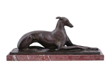 A RECUMBENT GREYHOUND BRONZE SCULPTURE PIERRE ROBERT CHRISTOPHE (1880–1971)