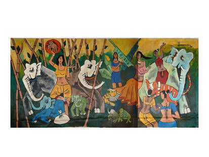 A MAQBOOL FIDA HUSAIN, INDIAN, OIL ON CANVAS PAINTING: Maqbool Fida Husain, (Indian, 1915 - 2011), an oil painting on canvas depicting a dynamic scene with dancing figures and animals in a landscape. Signed upper right 'Husain.' Note: Husain was born in 1