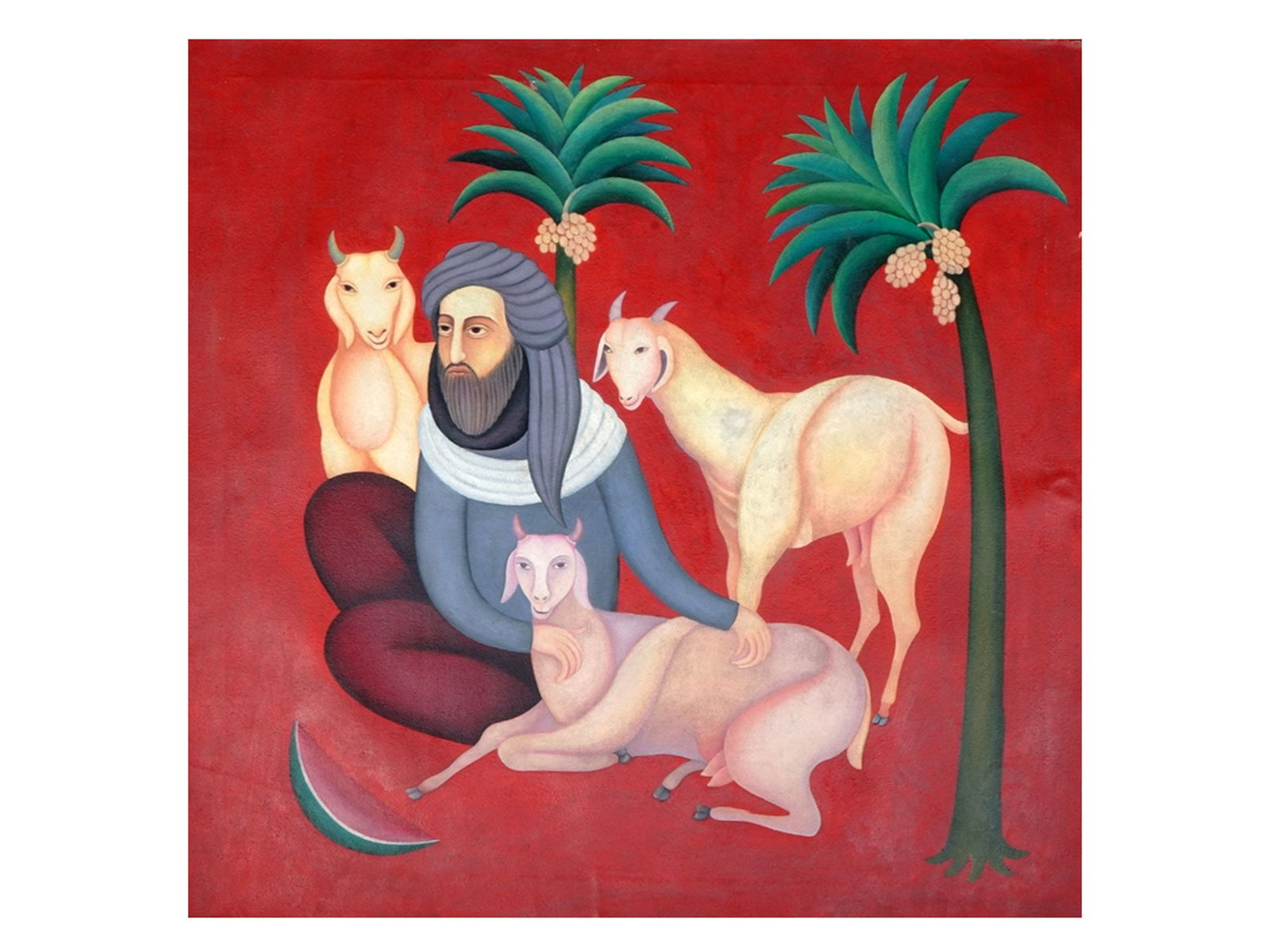 A MANJIT BAWA, INDIAN, OIL ON CANVAS PAINTING, 1997: Manjit Bawa, (Indian, 1941 - 2008), oil on canvas painting depicting a Sufi Saint with three goats on a bright red ground. Signed and dated verso: 'Manjit Bawa '97.' Note: Manjit Bawa was an Indian pa