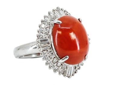 A PLATINUM RING SET WITH 2K DIAMONDS AND LARGE CORAL
