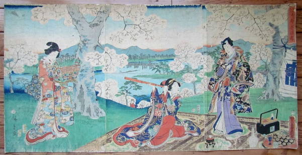 A JAPANESE WOODBLOCK PRINT TRIPTYCH BY BY UTAGAWA KUNISADA: Japanese woodblock print by Utagawa Kunisada, 1862. Beautiful women are depicted with cherry blossoms in the background. Dimensions: 14 by 28 in. Please make all inquiries before bidding. All lots are