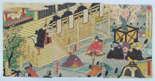 JAPANESE WOODBLOCK TRIPTYCH PRINT ANTIQUE BY UTAGAWA YOSHIMORI EDO 1863