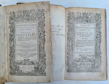1597 ARISTOTLE 2 VOLUMES 16TH CENTURY ANTIQUE VELLUM BOUND IN GREEK & LATIN