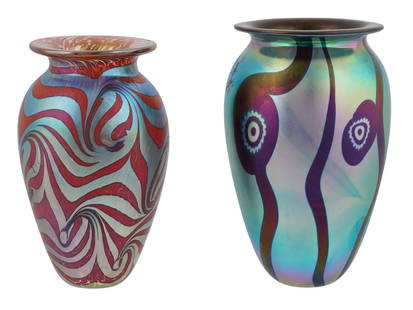 PAIR OF ART GLASS VASES BY ROBERT EICKHOLT, DATED 2007, UNITED STATES, 2007: A striking pair of hand-blown art glass vases by contemporary American glass artist Robert Eickholt, renowned for his use of vivid colors, iridescent finishes, and internal optical effects. Left vase: