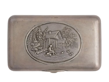 A RUSSIAN SILVER CIGARETTE CASE WITH RUSTIC SCENE, CA 1890
