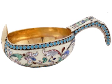 A RUSSIAN PARCEL-GILT-SILVER CLOISONNE ENAMEL KOVSH, 19 C.