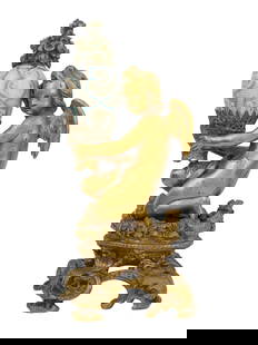 A GILT-BRONZE FIGURE OF A BOY WITH A PORCELAIN PAINTED EGG, CA. 1880: A winged putto (cherub) in gilt bronze (ormolu) kneels on an ornate Rococo-style base, holding a finely detailed porcelain egg-shaped urn with a floral finial. The putto and base are ormolu bronze gil