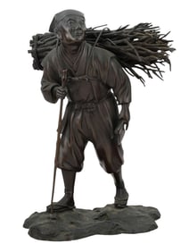 A JAPANESE BRONZE OF A WALKING PEASANT WITH TIMBER, MEIJI PERIOD