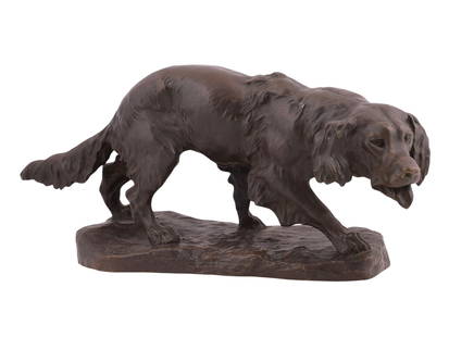 A THOMAS FRANÇOIS CARTIER (1879-1943) FRENCH BRONZE HOUND SCULPTURE, C. 1890: A French bronze of a hound on the hunt sculpted by the Marseillais artist Thomas François Cartier (1879-1943). Cartier was an exhibitor at the Salons des Paris from at least 1904, producing a wide va