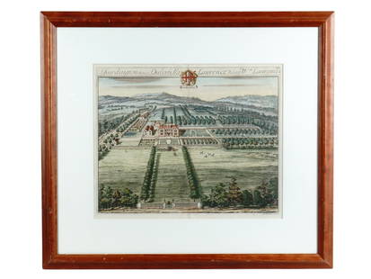 A 1707 HANDCOLORED ENGRAVING OF SHURDINGTON HOUSE, JAN KIP (1652-1722), LEONARD KNYFF (1650-1722),: A fine, handcolored engraving of the English stately home known as Shurdington, created by the Dutch artists Jan Kip and Leonard Knyff for their famous 1707-1709 work 'Britannia Illustrata', an import