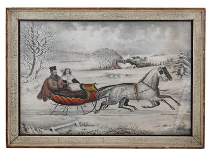 A HASKELL & ALLEN LITHOGRAPH PRINT, "THE ROAD, WINTER", 19TH C.: A 19th-century hand-colored lithograph print "The road, - Winter". The artwork depicts a couple in a carriage drawn by two horses against a winter landscape. Published by Haskell & Allen Publishing Co