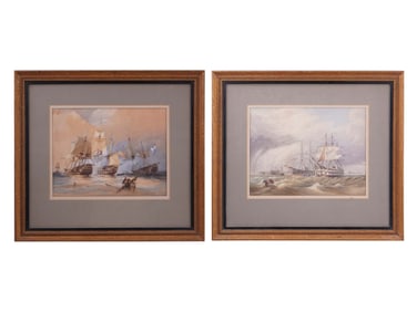 A PAIR OF BRITISH SCHOOL NAVAL BATTLE PAINTINGS ATTR. TO THOMAS SEWELL ROBINS, 19TH C