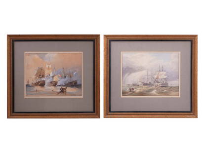 A PAIR OF BRITISH SCHOOL NAVAL BATTLE PAINTINGS ATTR. TO THOMAS SEWELL ROBINS, 19TH C: Two British School watercolor and gouache on paper naval paintings attributed to Thomas Sewell Robins (British, 1814-1880). Matted and framed behind the glass. Both paintings feature Christie's labels