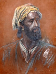 A FRENCH PASTEL AND CHALK PAINTING DEPICTING A SEATED ARAB, 19TH CEN.