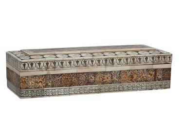 AN INDIAN BONE-VENEERED SANDALWOOD LIDDED CHEST WITH LAC-INCISED DECORATION, 19 C.