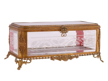 AN ETCHED GLASS BRONZE-MOUNTED CASE, 19TH CEN.