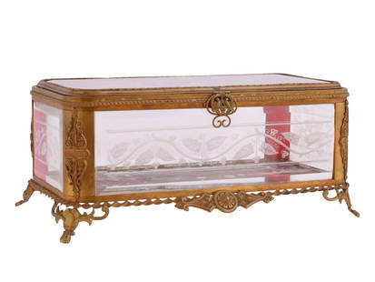 AN ETCHED GLASS BRONZE-MOUNTED CASE, 19TH CEN.: A refined rectangular jewelry or trinket casket featuring etched glass panels set in an ornate gilt metal (ormolu) frame. Rectangular form raised on small, scrolled feet, with twisted rope-like edging