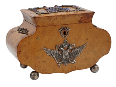 A RUSSIAN KARELIAN BIRCH HINGED-LIDDED BOX WITH SILVER OVERLAYS