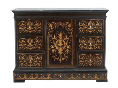 AN ITALIAN OR FLEMISH TABLE CABINET, IN THE LATE 17TH TO EARLY 18TH CENTURY BAROQUE STYLE: This is an exquisite Italian or Flemish table cabinet, dating from the late 17th to early 18th century, in the Baroque style with strong influence from Renaissance Revival design. It is also referred