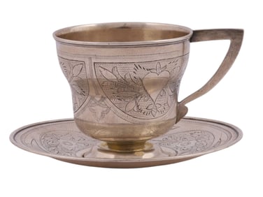 A RUSSIAN SILVER CUP AND SAUCER, 19TH CEN.
