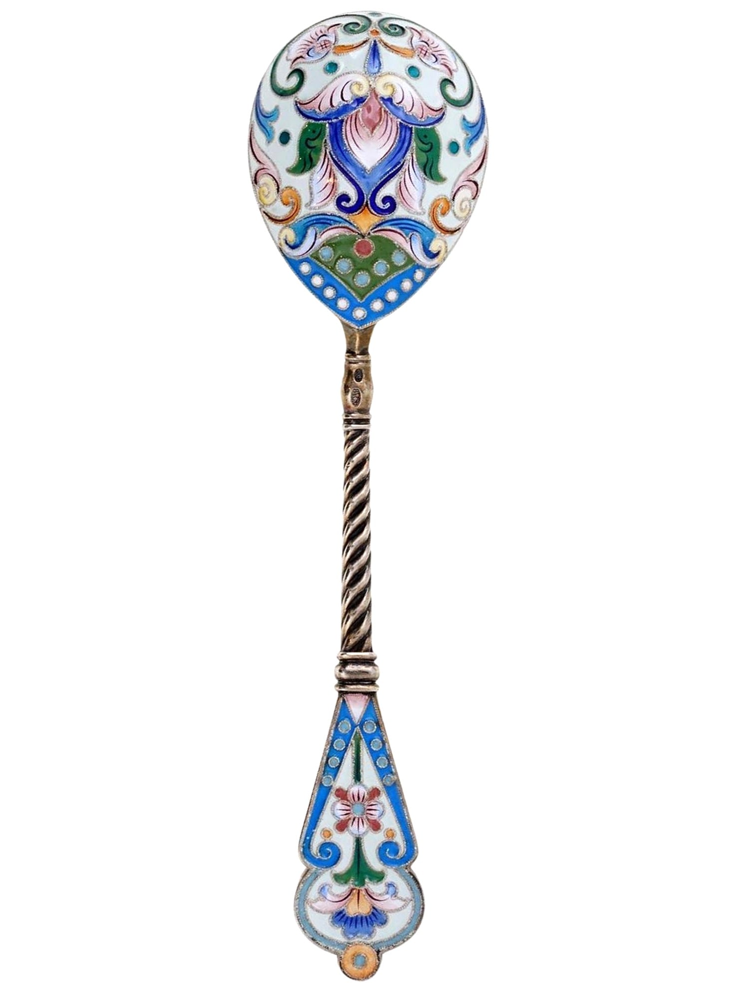 A SILVER-GILT AND CLOISONNÉ ENAMEL SPOON, IN THE RUSSIAN STYLE: A large silver-gilt spoon with an oval bowl, the back finely decorated in polychrome shaded cloisonné enamel with scrolling floral motifs on a white ground, the handle terminating in an enamel-decora