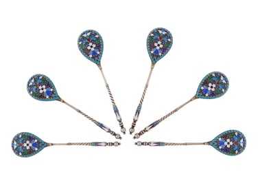 A SET OF SIX SILVER AND CLOISONNÉ ENAMEL SPOONS