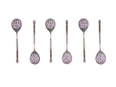 A LOT OF SIX SILVER AND CLOISONNE ENAMEL SPOONS