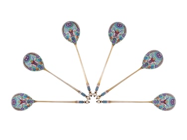 A LOT OF SIX SILVER AND CLOISONNE ENAMEL SPOONS