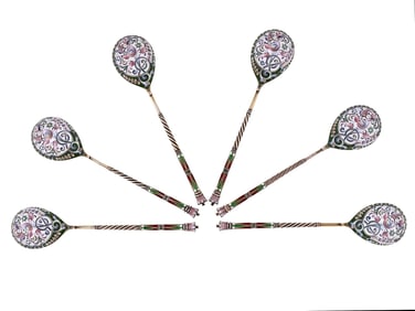 A LOT OF SIX SILVER AND CLOISONNE ENAMEL SPOONS