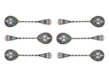 A SET OF SIX SILVER AND CLOISONNÉ ENAMEL SPOONS