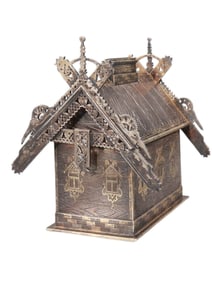 A RARE RUSSIAN SILVER TEREMOK (HUT) MONEY BANK, 19TH C.