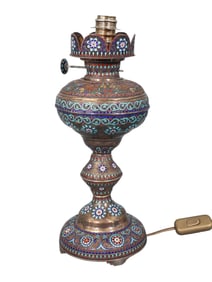 A RARE RUSSIAN SILVER AND CLOISONNE ENAMEL LAMP, 19/20 CC