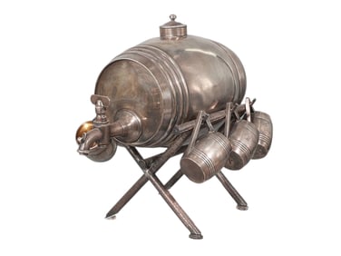 A RUSSIAN MINIATURE SILVER BARELL WITH SIX CUPS BY MARSHAK