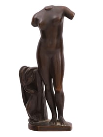 A BRONZE FEMALE NUDE BUST WITH A DOLPHIN BY THOS VENIS