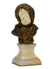 A SMALL BRONZE BUST OF A CHILD WITH CARVED FACE, FRANCE, EARLY 20TH CEN.