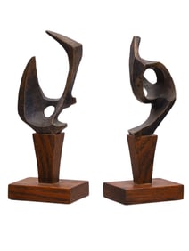 A PAIR OF BRONZE ABSTRACT FIGURES ON WOODEN BASES