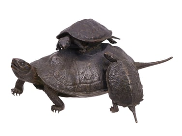 A JAPANESE BRONZE GROUPING OF THREE TURLTES, SIGNED