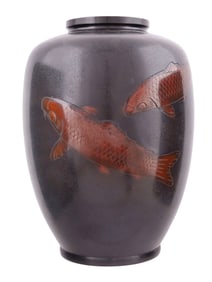 A JAPANESE PATINATED BRONZE VASE WITH KOI DESIGN
